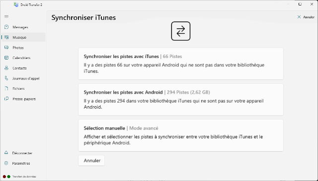 Résumé de la synchronisation iTunes