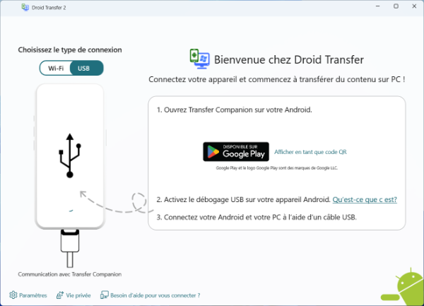 connecter droid transférer et transférer compagnon avec usb