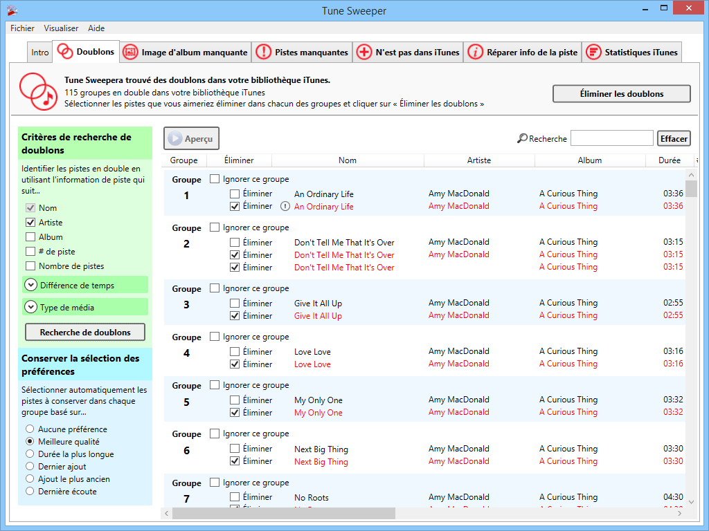 Tune Sweeper regroupe les doublons pour une sélection facile.
