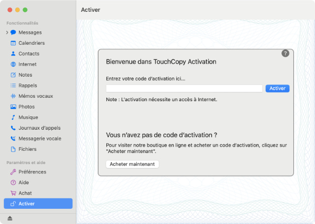 Saisir le code d'activation de TouchCopy sur le Mac