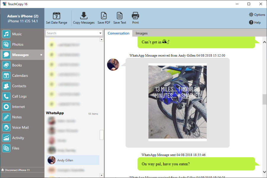 Affichage des messages WhatsApp de l’iPhone avec TouchCopy sur PC